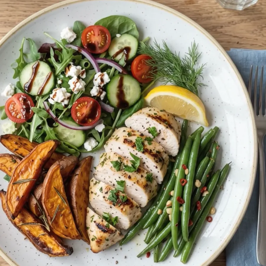 Overhead photo of grilled chicken breast, roasted sweet potato wedges, green beans and a feta salad