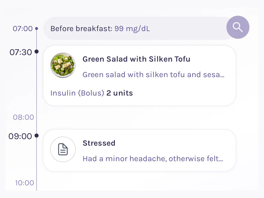 Timeline from the app: a 99 mg/dL reading before breakfast, a salad logged with 2 units of bolus insulin, and a note saying stressed